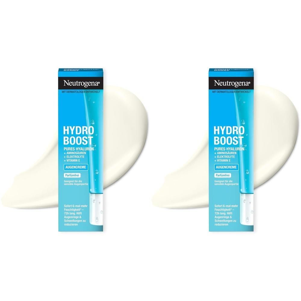 Zwei Tuben Augencreme mit blauer Verpackung. Aufschrift: Hydro Boost, Pures Hyaluron, Aminosäuren, Elektrolyte, Vitamin E. Weiße Creme daneben.