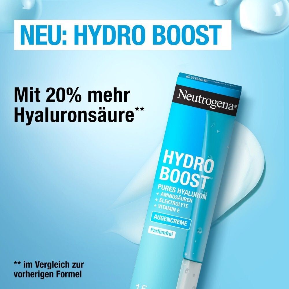 Blauer Hintergrund mit Tube Augencreme. Aufschrift: Hydro Boost, Pures Hyaluron, Aminosäuren, Elektrolyte, Vitamin E. Text: Mit 20% mehr Hyaluronsäure.