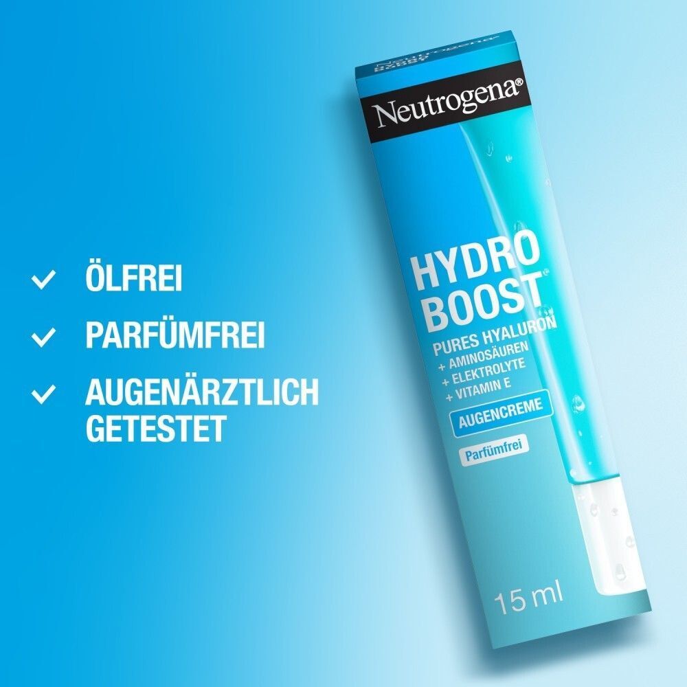 Tube Augencreme mit blauer Verpackung. Aufschrift: Hydro Boost, Pures Hyaluron, Aminosäuren, Elektrolyte, Vitamin E. Text: Ölfrei, parfümfrei, augenärztlich getestet.