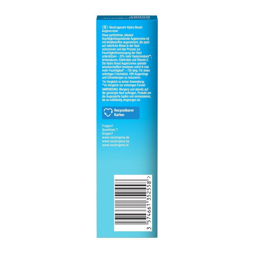 Rückseite der Augencreme-Verpackung. Text: Beschreibung des Produkts, Inhaltsstoffe, Anwendungshinweise. Recycling-Symbol.