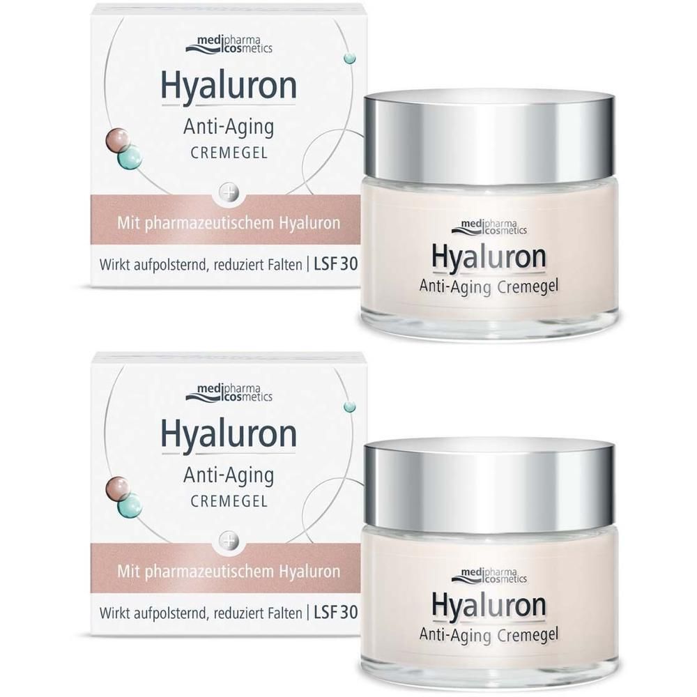 Zwei Cremegel-Tiegel und zwei Faltschachteln. Auf den Tiegeln und Schachteln steht "Hyaluron Anti-Aging Cremegel".
