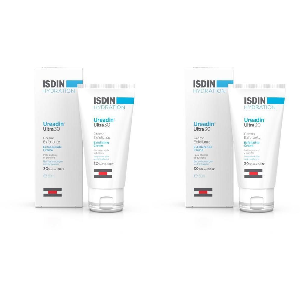 Zwei Tuben und Verpackungen. Aufschrift: ISDIN, Ureadin Ultra 30, Creme Exfoliante.