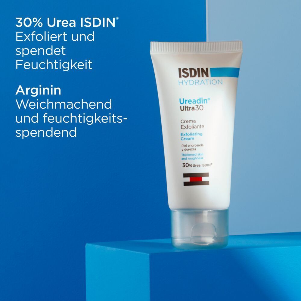 Tube mit Aufschrift: ISDIN, Ureadin Ultra 30, Creme Exfoliante. Text: 30% Urea ISDIN, Arginin.