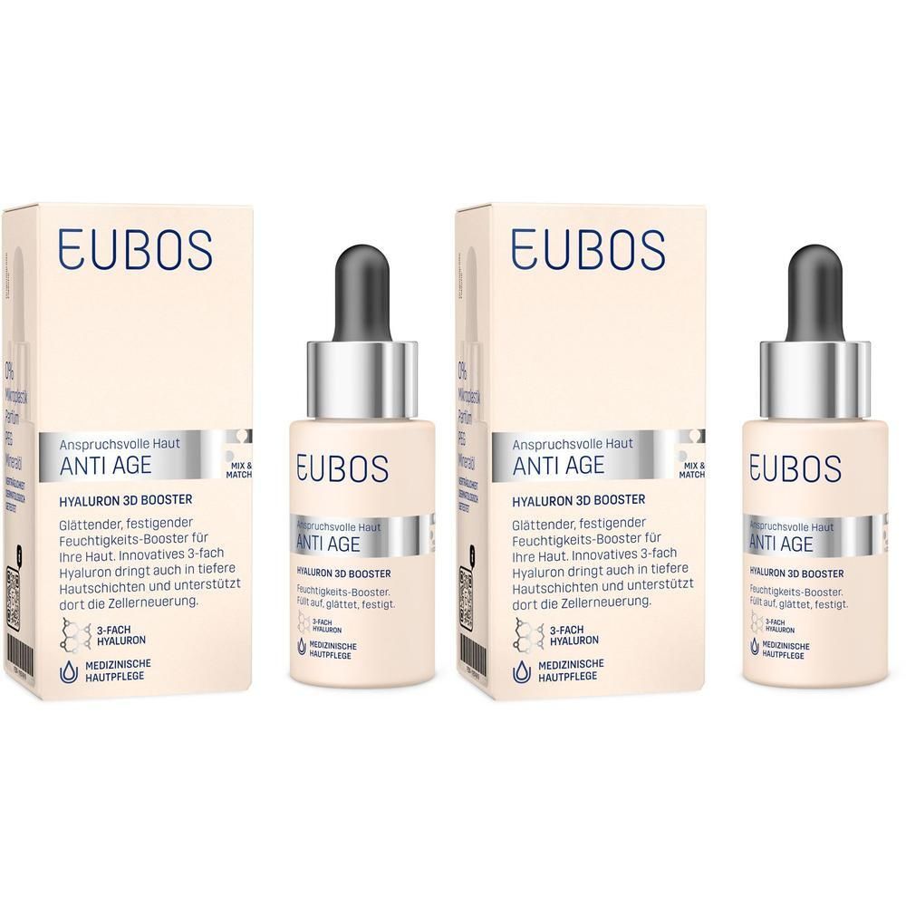 Drei Flaschen und Verpackungen. EUBOS ANTI-AGE Hyaluron 3D Booster Gel. Flaschen mit Pipette, Verpackung mit Produktinformationen.