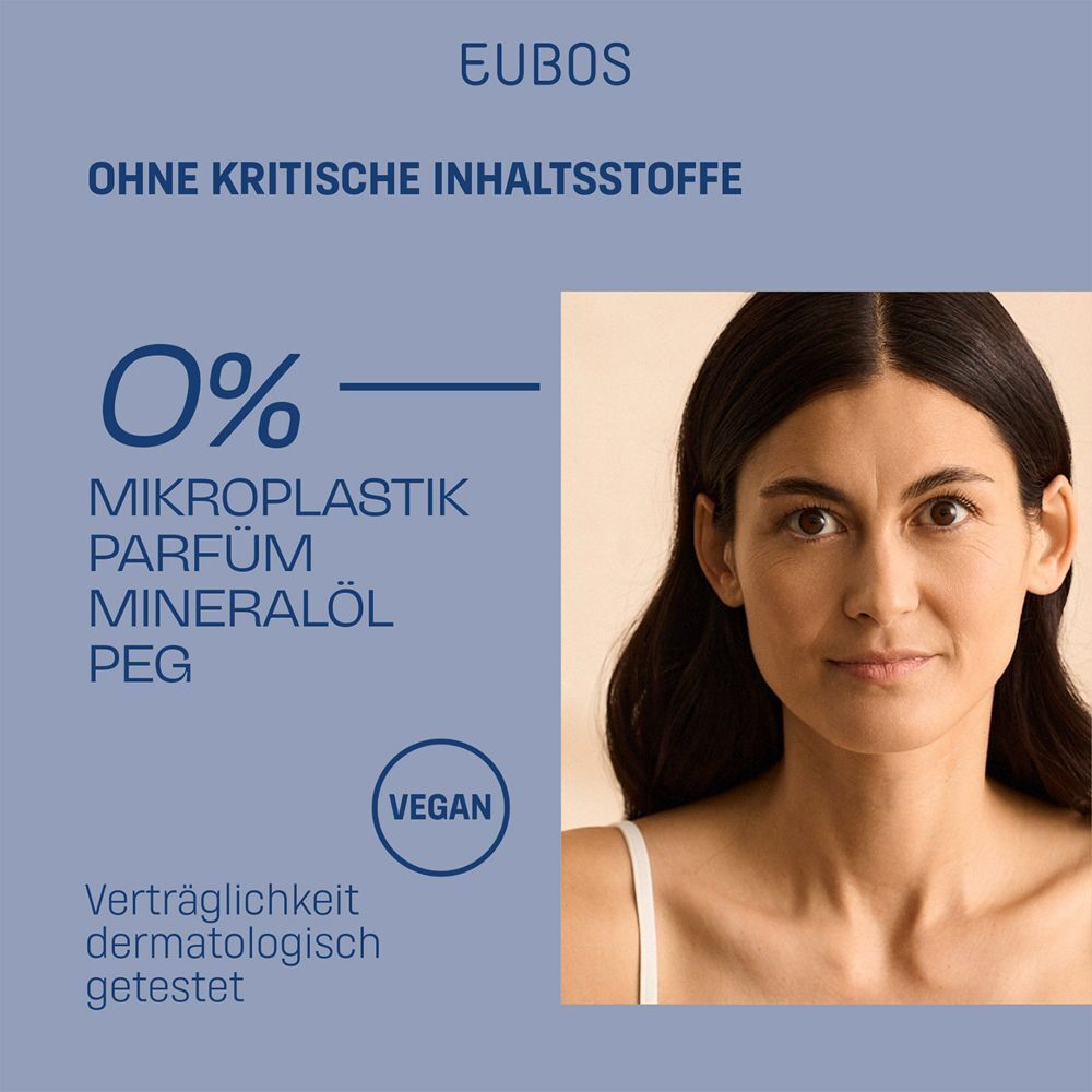 Frau. Text: 0% Mikroplastik, Parfum, Mineralöl, PEG. Vegan. Dermatologisch getestet.