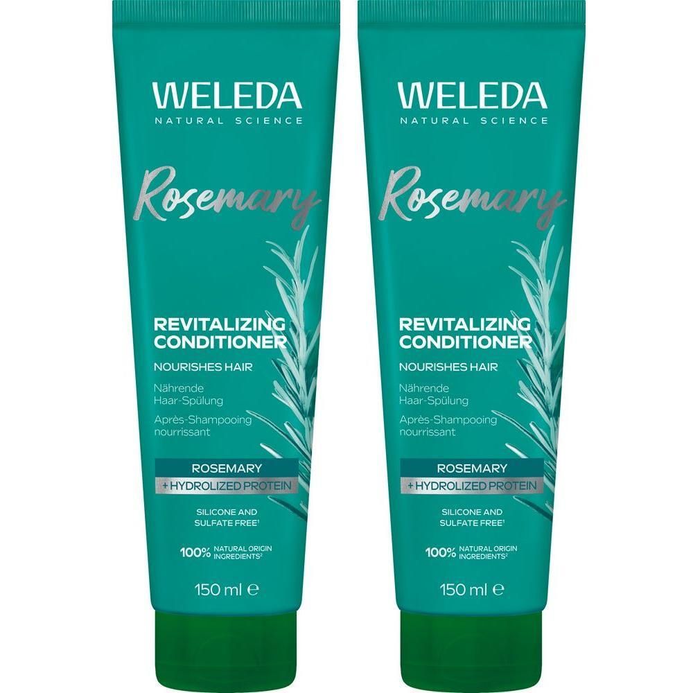 Zwei grüne Tuben WELEDA Rosmarin Revitalising Conditioner. Text: Revitalizing Conditioner, Nourishes Hair, 150 ml.