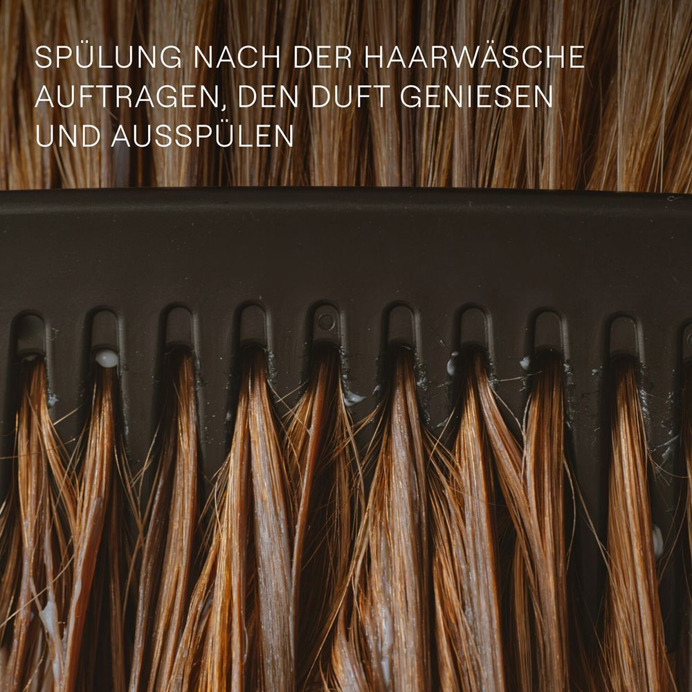 Nahaufnahme eines Kamms, der durch braunes Haar gleitet. Text: Spülung nach der Haarwäsche auftragen, den Duft genießen und ausspülen.