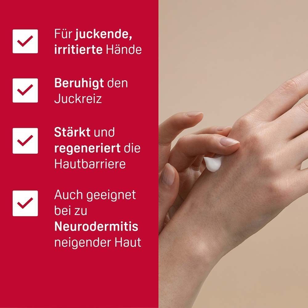 Hand mit Creme. Text: Für juckende, irritierte Hände, beruhigt den Juckreiz, stärkt die Hautbarriere, geeignet bei Neurodermitis.