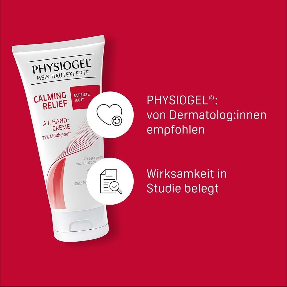 Tube PHYSIOGEL Calming Relief A.I. Handcreme. Text: Von Dermatologen empfohlen, Wirksamkeit in Studie belegt. Roter Hintergrund.