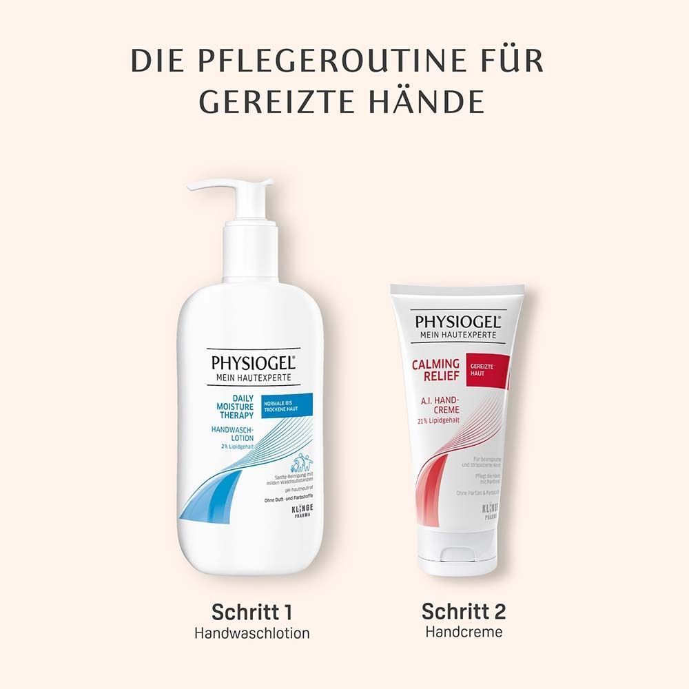 Pflegeroutine für gereizte Hände. Handwaschlotion und Handcreme. Weißes und rotes Design.