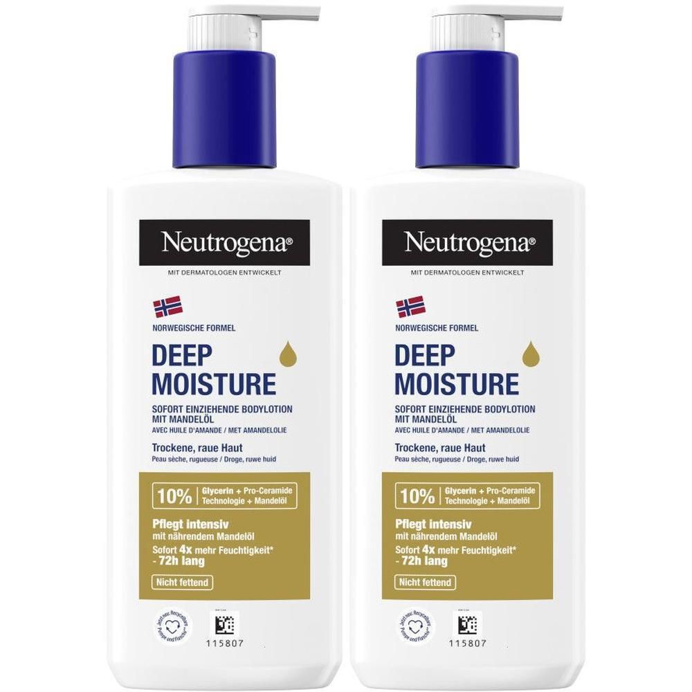 Zwei Flaschen NEUTROGENA Deep Moisture Bodylotion mit Mandelöl. Weiße Flaschen mit blauen Pumpköpfen. Text: Deep Moisture, Mandelöl.