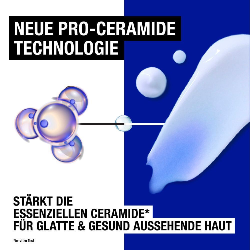 Grafik: Neue Pro-Ceramide Technologie. Molekül-Darstellung. Text: Stärkt die essentiellen Ceramide für glatte & gesund aussehende Haut.