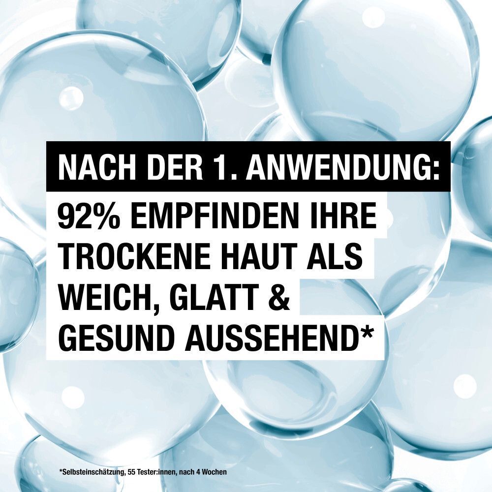 Blauer Hintergrund mit Wasserblasen. Text: Nach der 1. Anwendung: 92% empfinden ihre trockene Haut als weich, glatt & gesund aussehend.