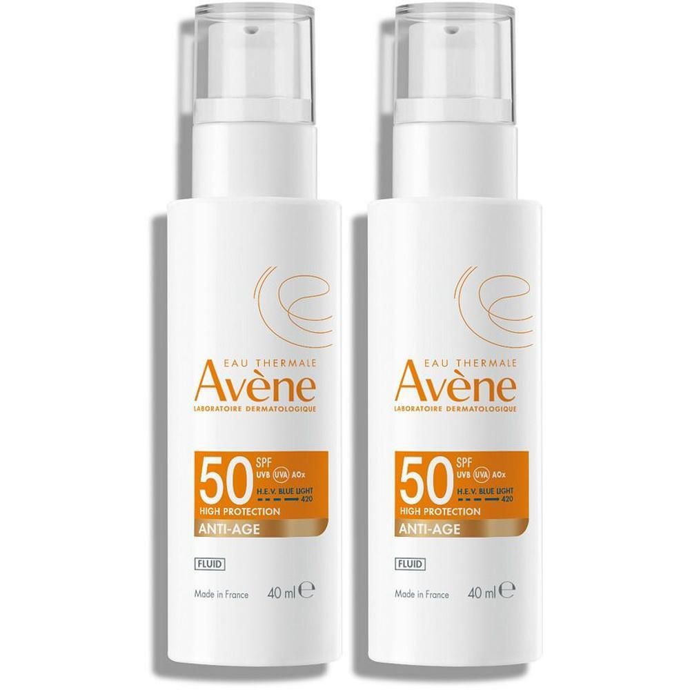 Zwei weiße Flaschen mit Pumpverschluss. Aufdruck: AVENE, 50 SPF, Anti-Age Fluid. 40 ml.