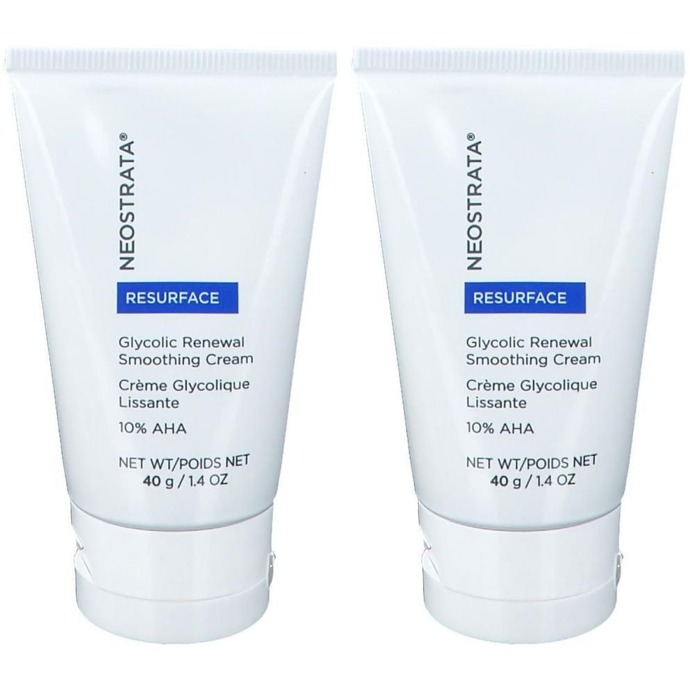 Zwei weiße Tuben mit blauer Aufschrift. Aufschrift: NEOSTRATA, RESURFACE, Glycolic Renewal Smoothing Cream, 10% AHA.