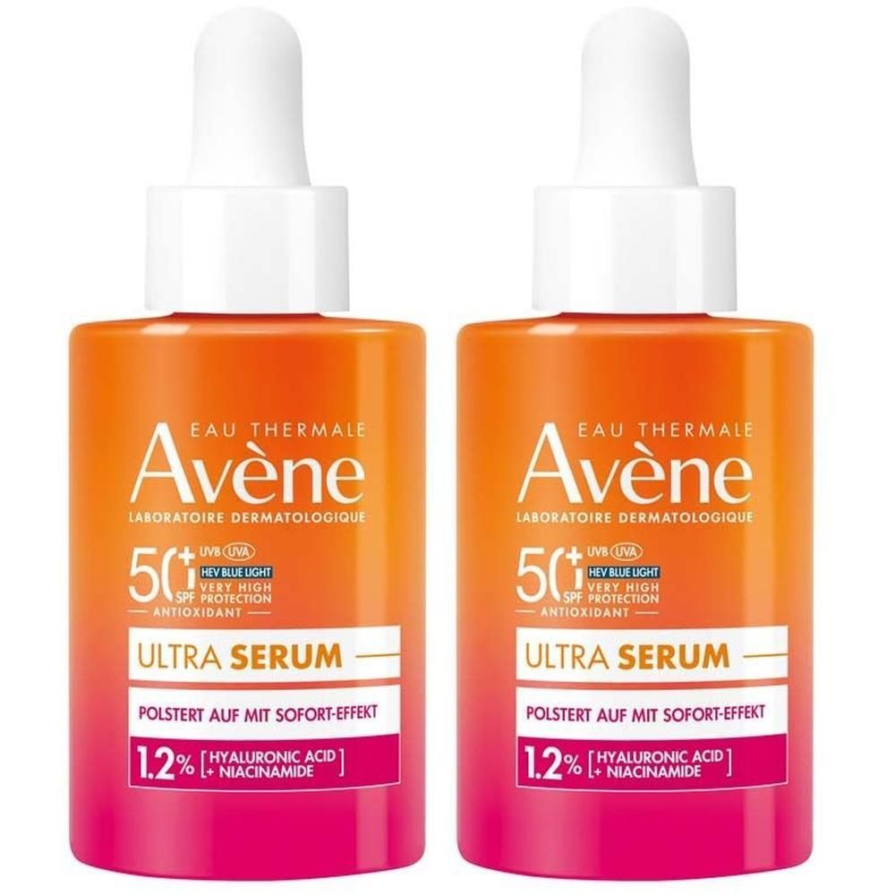 Zwei Flaschen AVENE Ultra Serum SPF 50+. Orange-rosa Farbverlauf, weißer Deckel mit Pipette. Text: Ultra Serum, 50+.