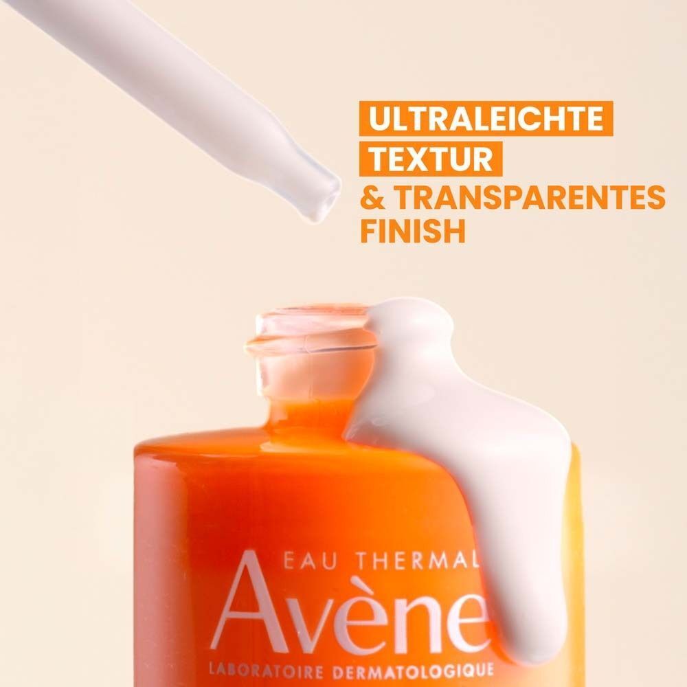 AVENE Ultra Serum SPF 50+ mit Pipette. Tropfendes Serum. Text: Ultra Serum. Orange-rosa Flasche.