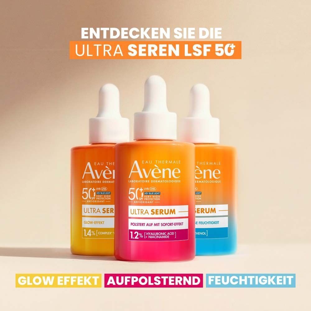 Drei AVENE Ultra Serum SPF 50+ Flaschen. Orange-rosa, gelb, blau. Text: Ultra Serum, 50+.