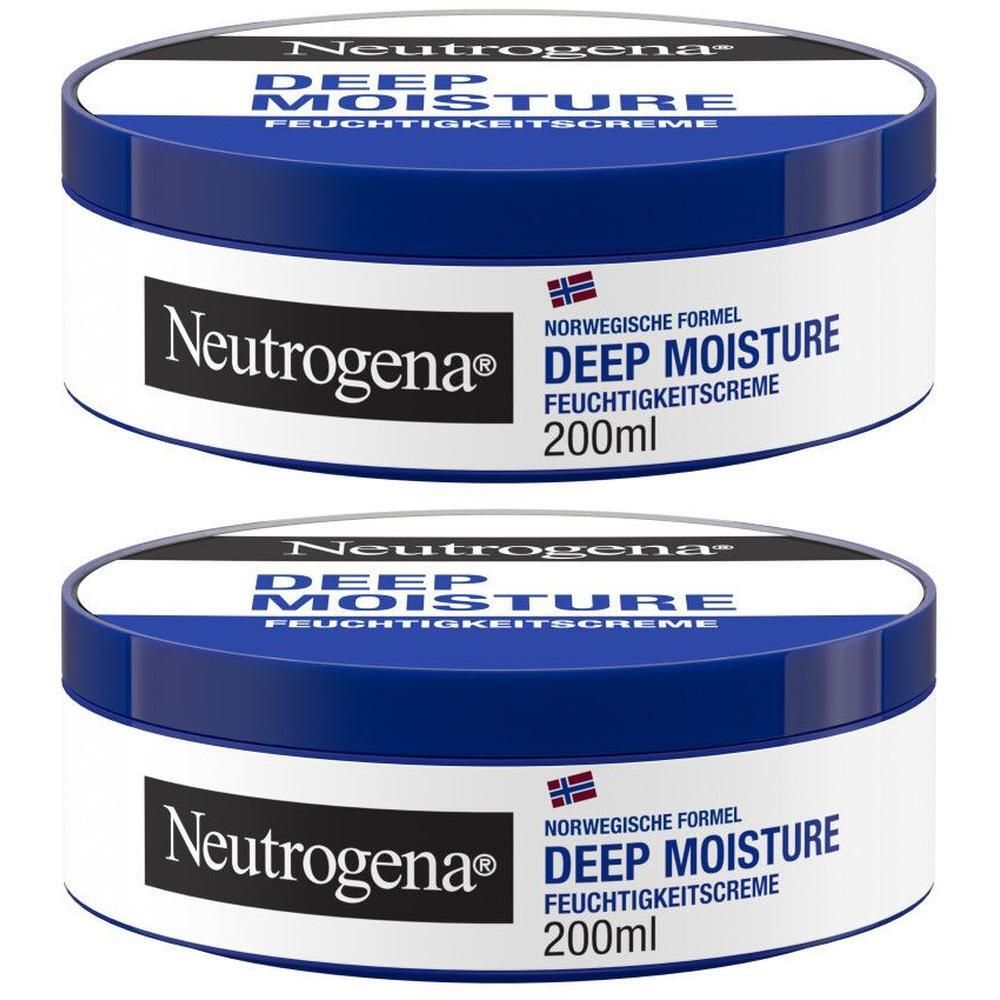 Zwei Tiegel Feuchtigkeitscreme. Weißer Behälter mit blauem Deckel. Aufschrift: Neutrogena, Deep Moisture, norwegische Formel, 200ml.