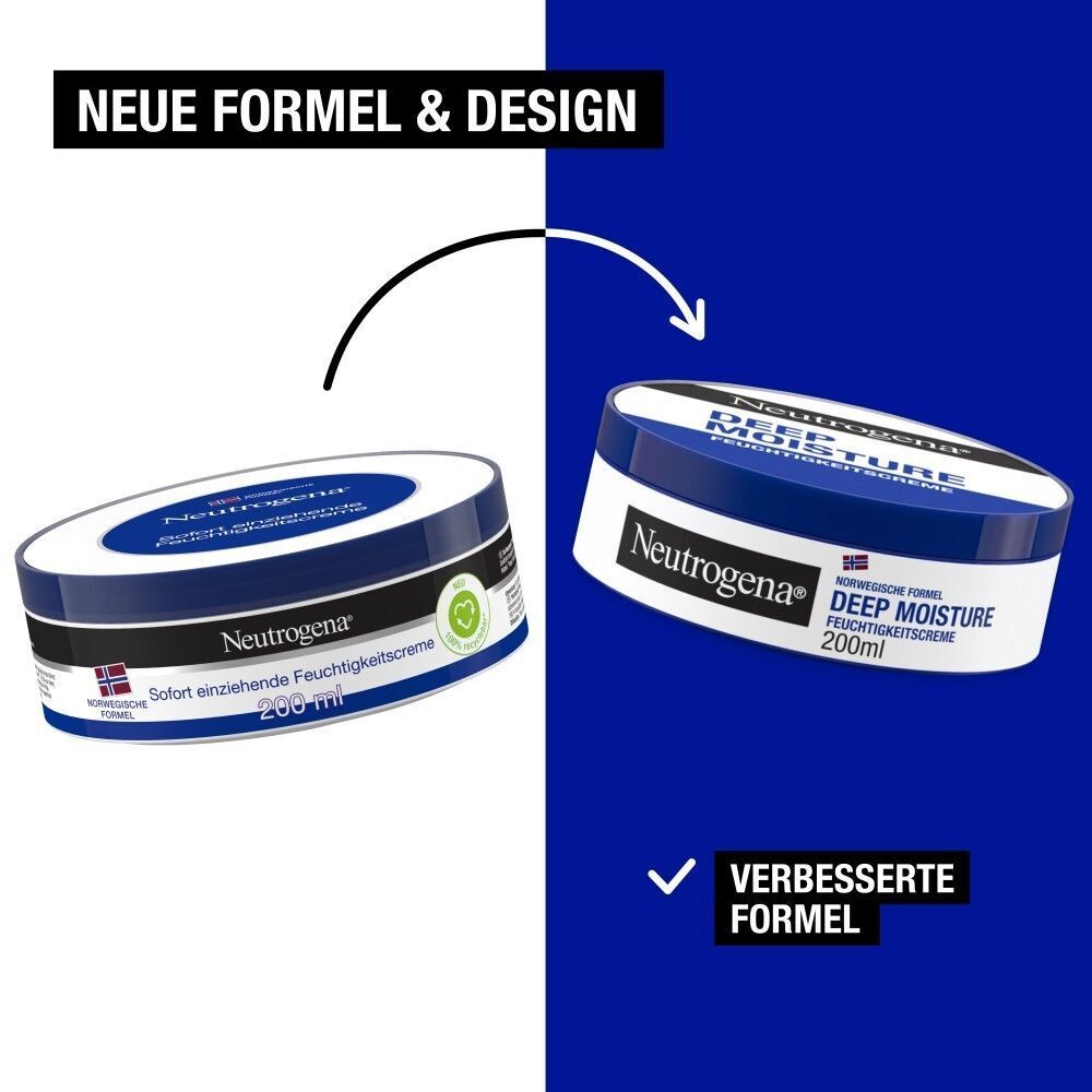 Zwei Tiegel Feuchtigkeitscreme. Text: Neue Formel & Design. Verbesserte Formel. Neutrogena Deep Moisture, 200ml.