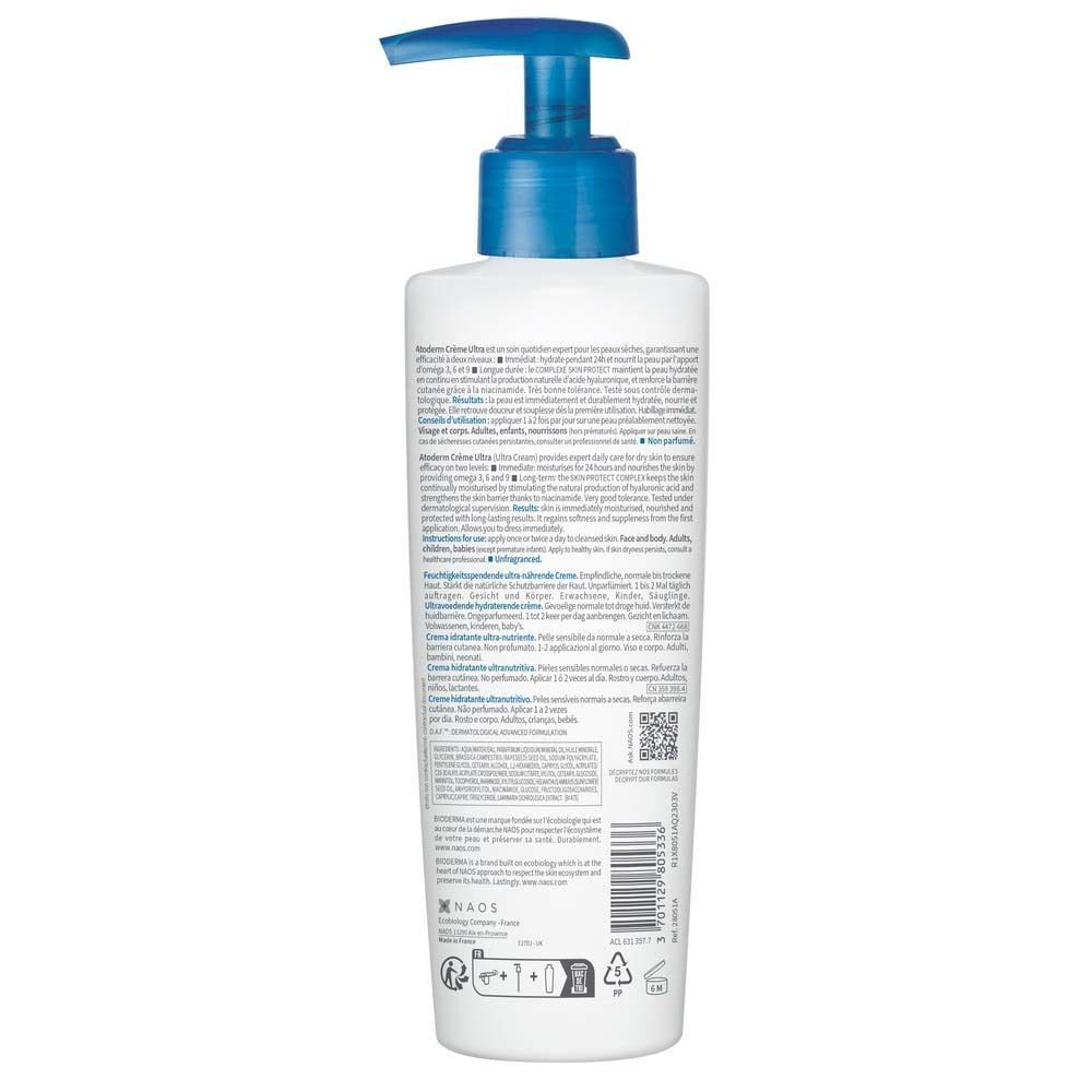 Rückseite einer weißen Flasche mit blauem Pumpverschluss. Text in mehreren Sprachen und QR-Code.