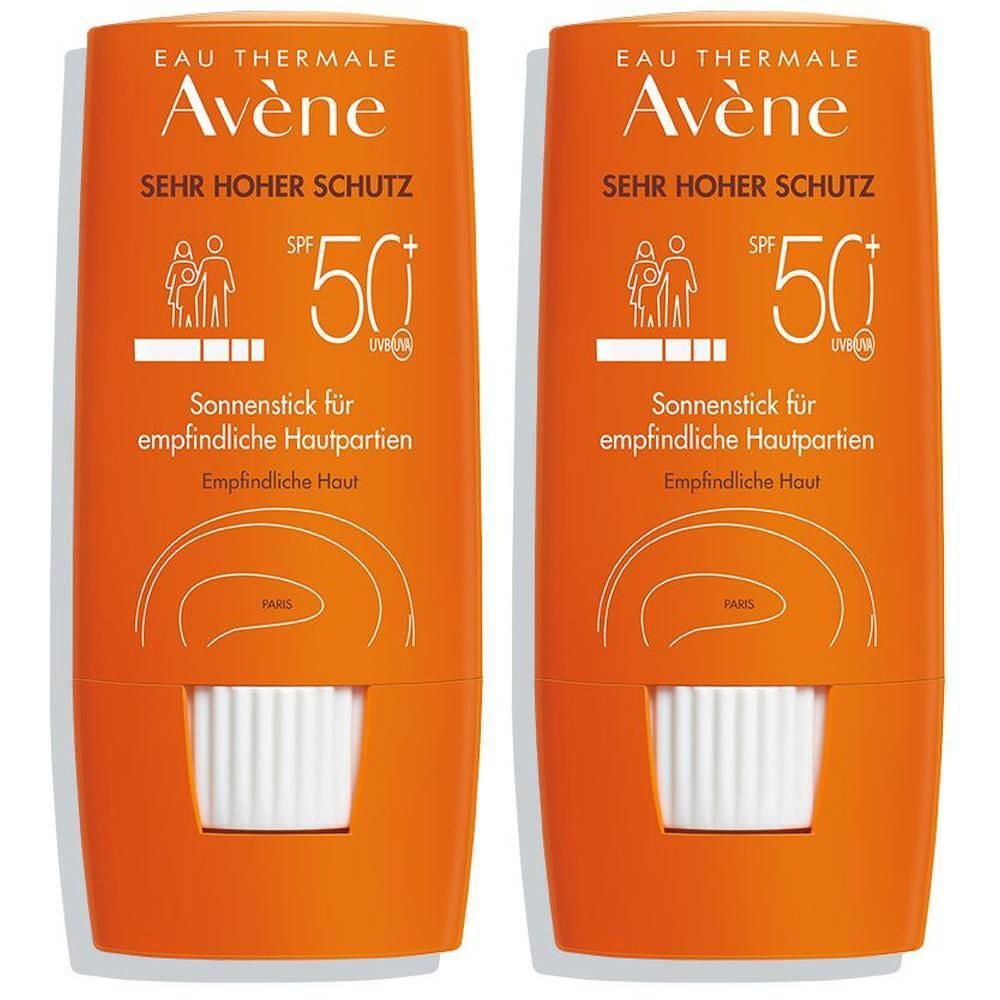 Zwei orangefarbene Sonnensticks mit weißem Drehmechanismus. Aufschrift: Avène, Sehr hoher Schutz, LSF 50+ und Sonnenstick für empfindliche Hautpartien.