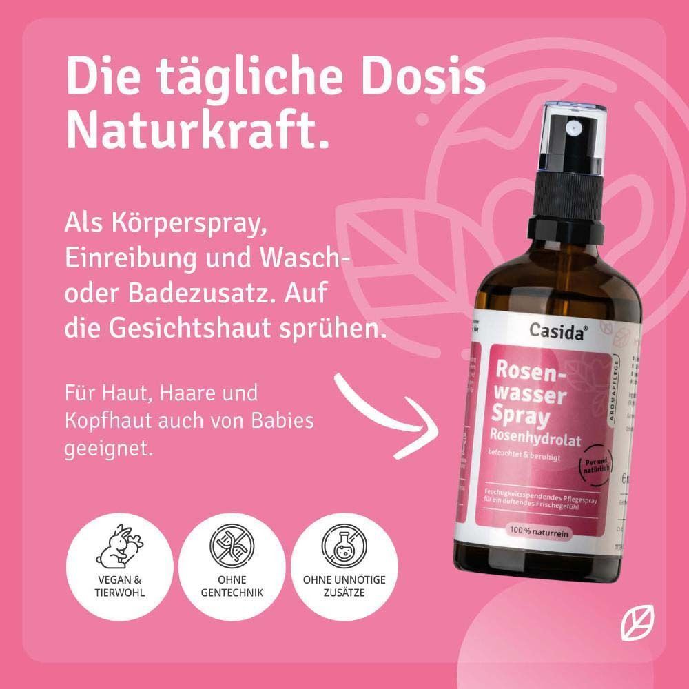 Produktflasche mit Text: Rosenwasser Spray. Text: Für Haut, Haare und Kopfhaut auch von Babys geeignet. Vegan- und Tierwohl-Siegel.