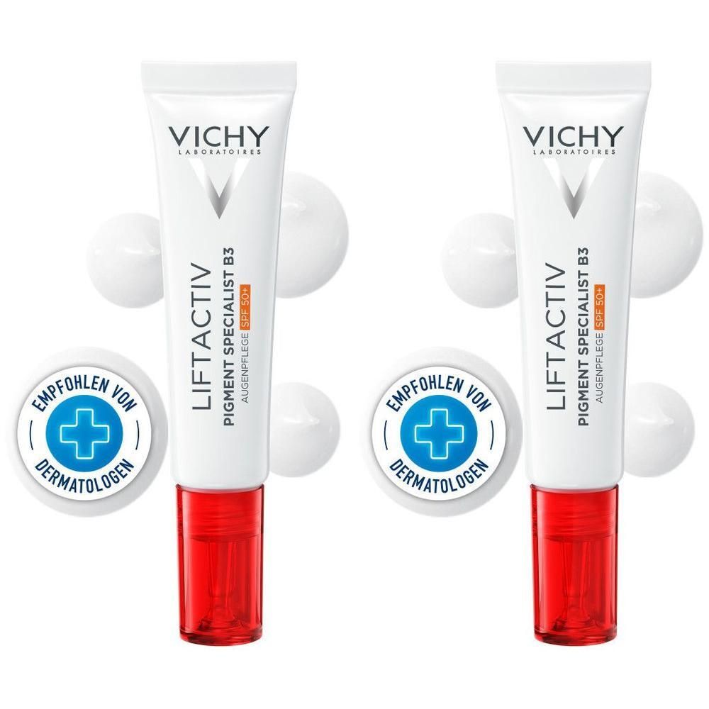 Zwei Tuben VICHY LIFTACTIV Pigment Specialist B3 Augenpflege. Weiße Tuben mit roter Spitze und Logo. Empfohlen von Dermatologen.