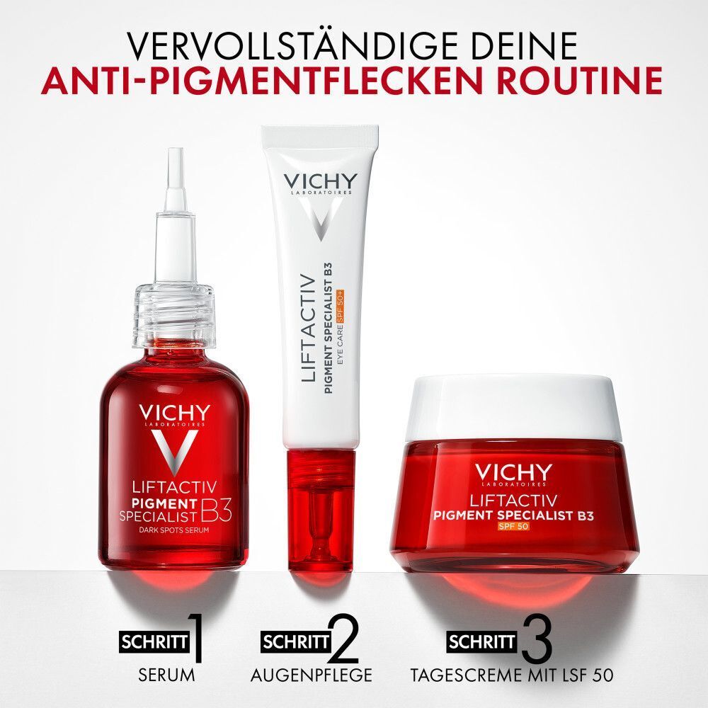 Drei Produkte: Serum, Augenpflege, Tagescreme. VICHY LIFTACTIV Pigment Specialist B3. Schritt 1, 2, 3.
