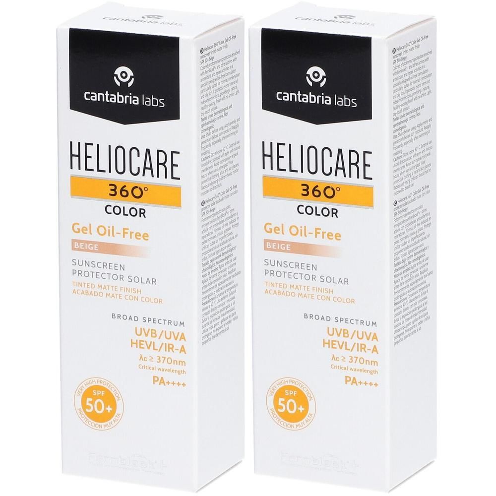 Zwei rechteckige Faltschachteln mit Produktinformationen. Aufschrift: HELIOCARE 360° Color Gel Oil-Free Beige, Lichtschutzfaktor 50+.