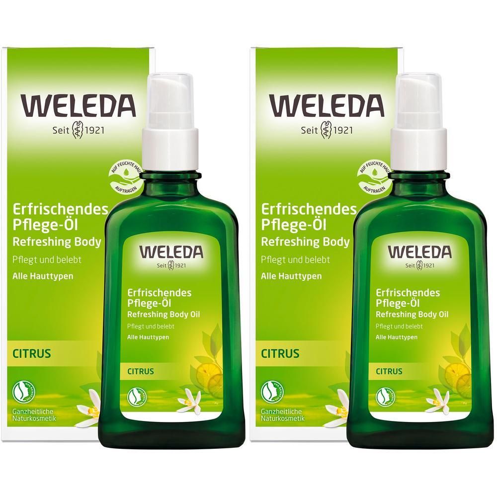 Zwei grüne Flaschen mit weißem Sprühkopf und Karton. Aufschrift: WELEDA, Citrus erfrischendes Pflege-Öl. Bio-Siegel.
