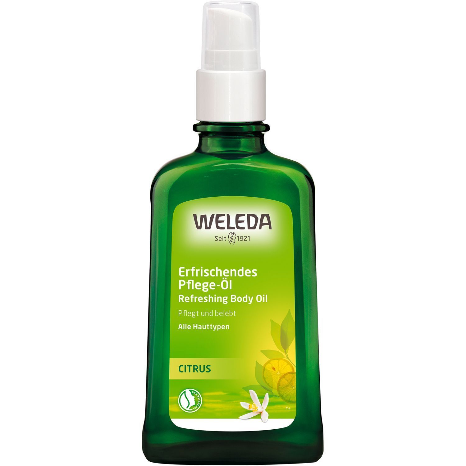 Grüne Flasche mit weißem Sprühkopf. Aufschrift: WELEDA, Citrus erfrischendes Pflege-Öl. Bio-Siegel. Abbildung von Zitrone und Blüte.