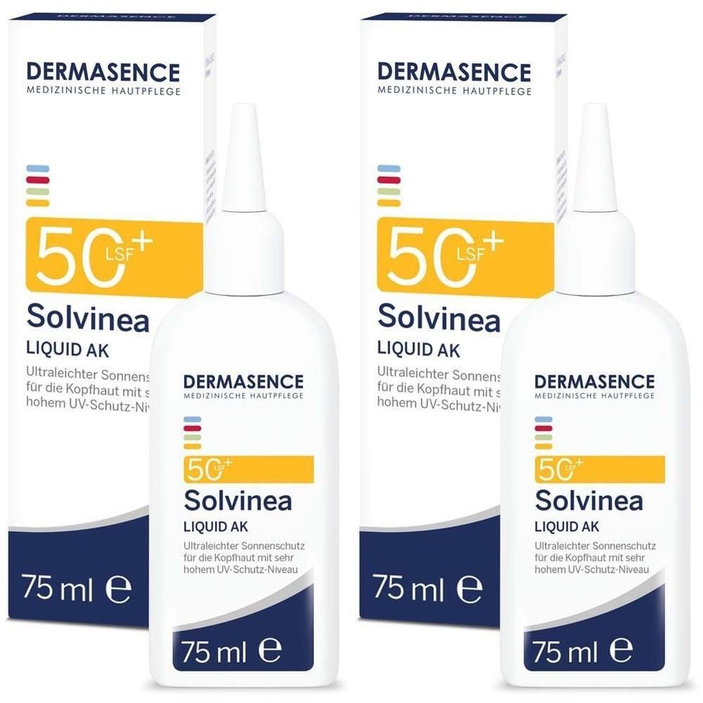 Mehrere Flaschen mit weißem Kopfhaut-Sonnenschutz. Auf jeder Flasche steht: DERMASENCE Solvinea Liquid AK LSF 50+ und 75 ml.