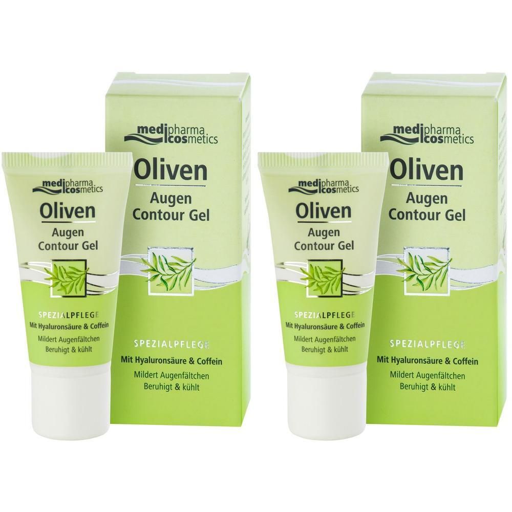 Zwei Tuben und Verpackungen von Oliven Augen-Contour Gel. Grün-weiße Tuben und grüne Kartons mit Produktnamen und Logo.