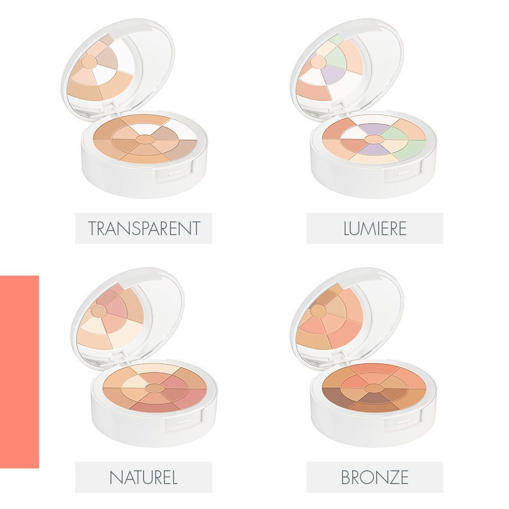 Vier runde Puder-Kompaktdosen mit Spiegel und verschiedenen Farbtönen. Aufschriften: "TRANSPARENT", "LUMIERE", "NATUREL", "BRONZE".