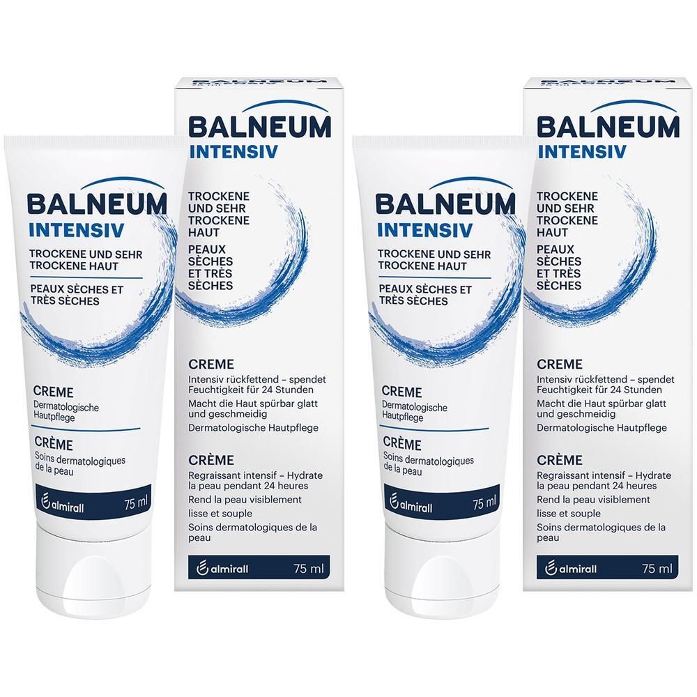Zwei Tuben und zwei Faltschachteln. Aufschrift: BALNEUM INTENSIV Creme. Text in Deutsch und Französisch. 75 ml.