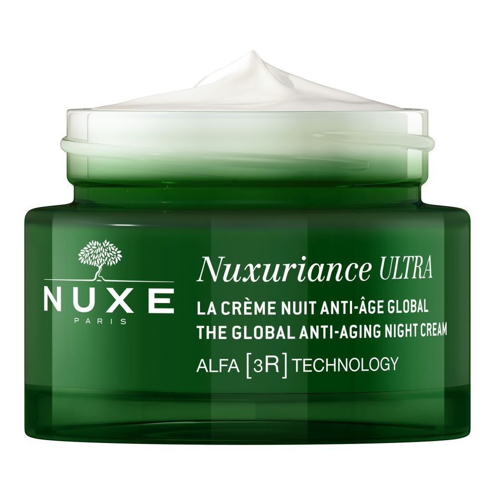 Grüner Tiegel mit goldfarbenem Deckel. Aufschrift: NUXE, Nuxuriance Ultra, The Global Anti-Aging Night Cream, ALFA [3R] TECHNOLOGY. Oben Creme.