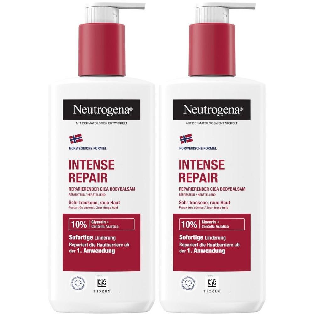 Zwei Flaschen NEUTROGENA Intense Repair CICA Bodybalsam. Weiße Flaschen mit rotem Deckel und Aufschrift. Enthält 10% Glycerin + Centella Asiatica.