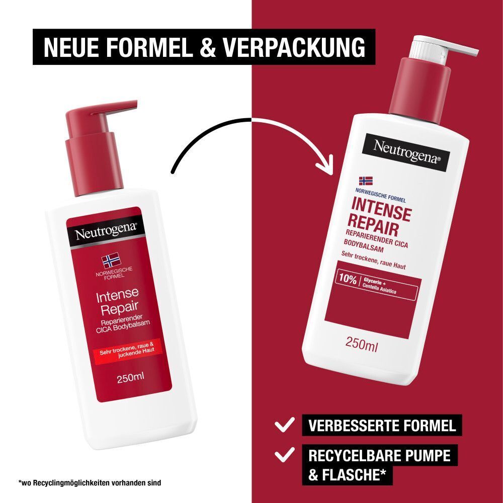 Vergleich von alter und neuer Verpackung von NEUTROGENA Intense Repair CICA Bodybalsam. Text: Neue Formel & Verpackung. Recycelbare Pumpe & Flasche.