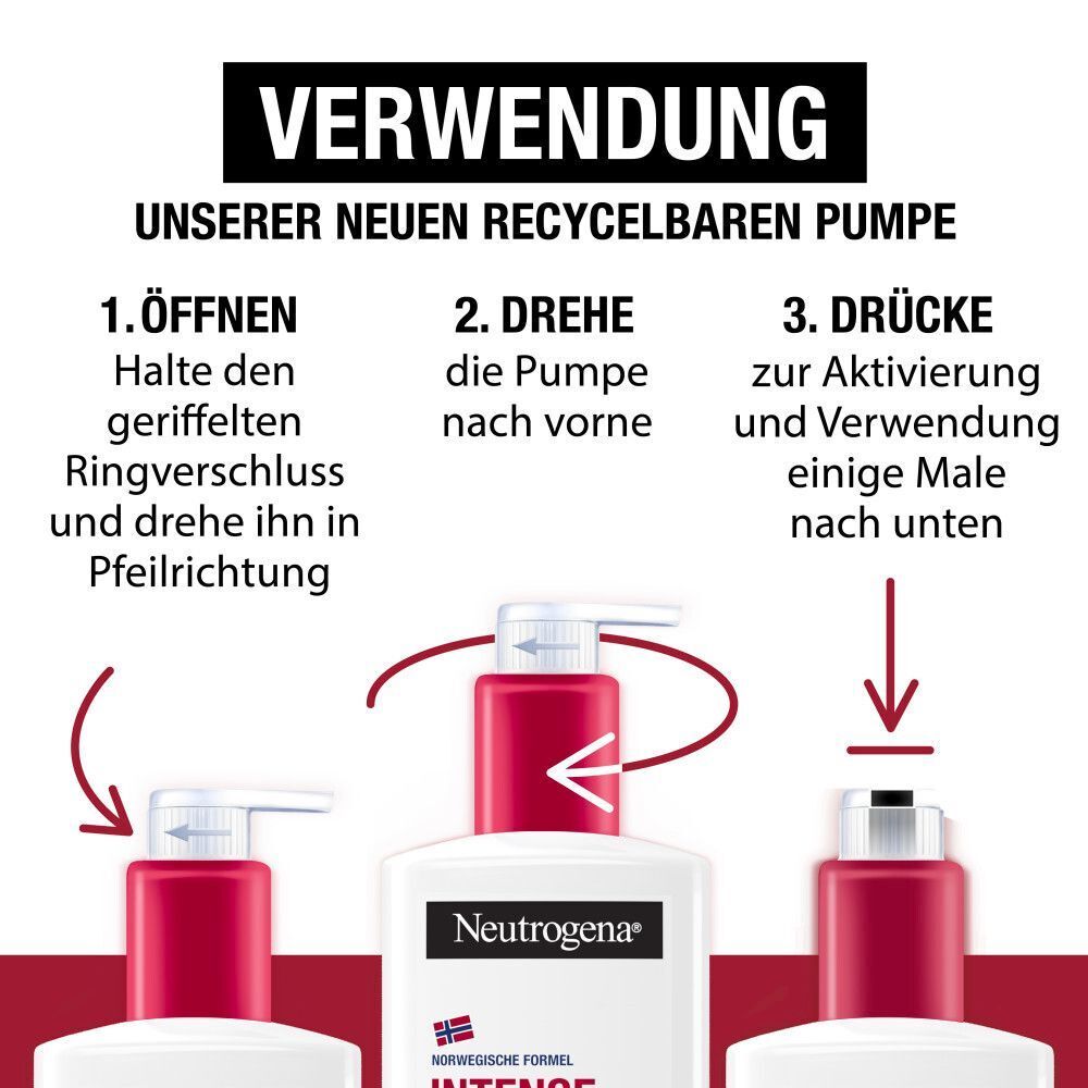 Anleitung zur Verwendung der recycelbaren Pumpe. 1. Öffnen. 2. Drehe die Pumpe nach vorne. 3. Drücke zur Aktivierung und Verwendung einige Male nach unten.