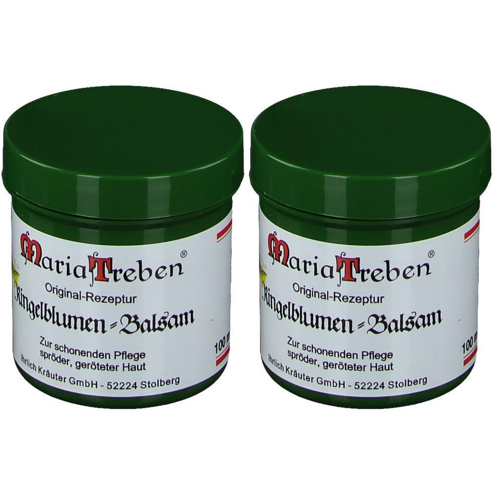 Zwei grüne Tiegel mit weißem Etikett. Aufschrift: Maria Treben Ringelblumen-Balsam. Original-Rezeptur. Für empfindliche Haut. 100g.