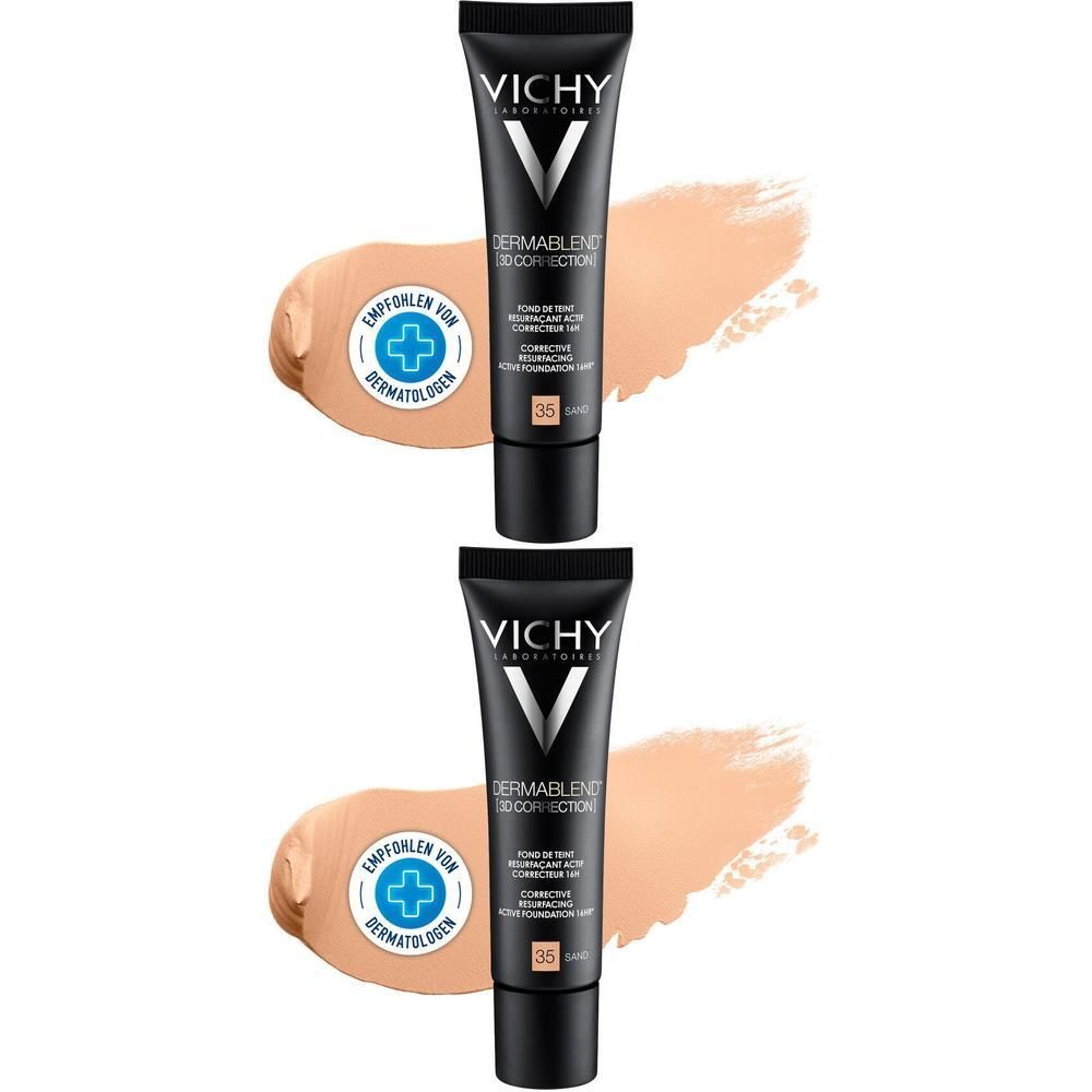Zwei Tuben Make-up mit Farbklecksen. Schwarze Tuben mit weißer Schrift. Aufdruck: DERMABLEND 3D CORRECTION. Farbton 35.