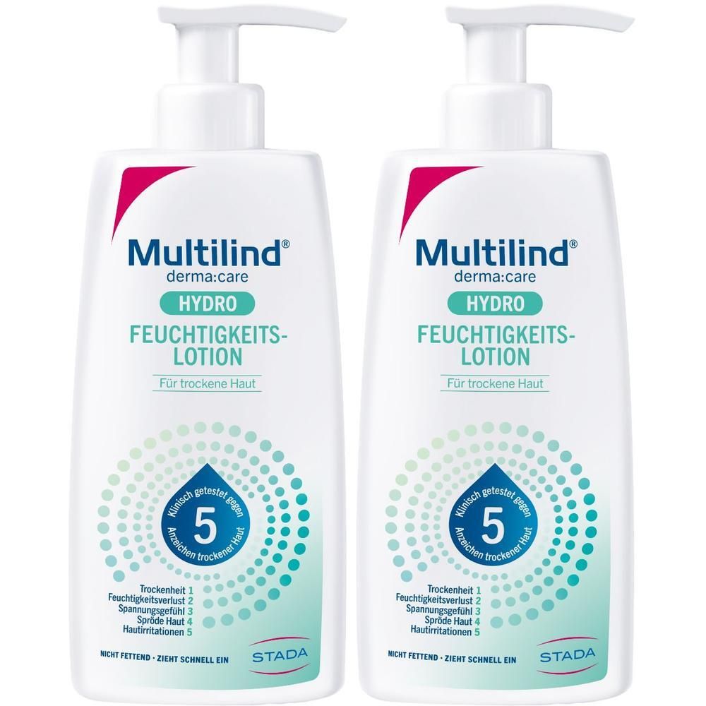 Zwei Flaschen Multilind derma:care HYDRO Feuchtigkeitslotion mit Pumpverschluss. Weißes Etikett mit blauen und grünen Elementen.