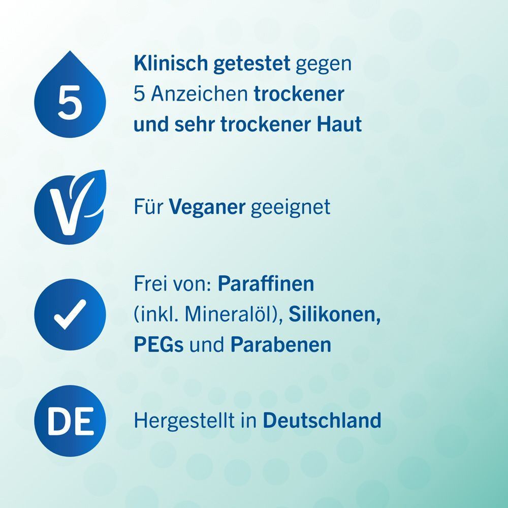 Grafik mit Logos und Text. Klinisch getestet, für Veganer geeignet, frei von Paraffinen, hergestellt in Deutschland.