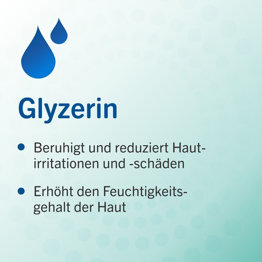 Grafik mit Glyzerin. Text: Beruhigt und reduziert Hautreizungen. Erhöht den Feuchtigkeitsgehalt der Haut.
