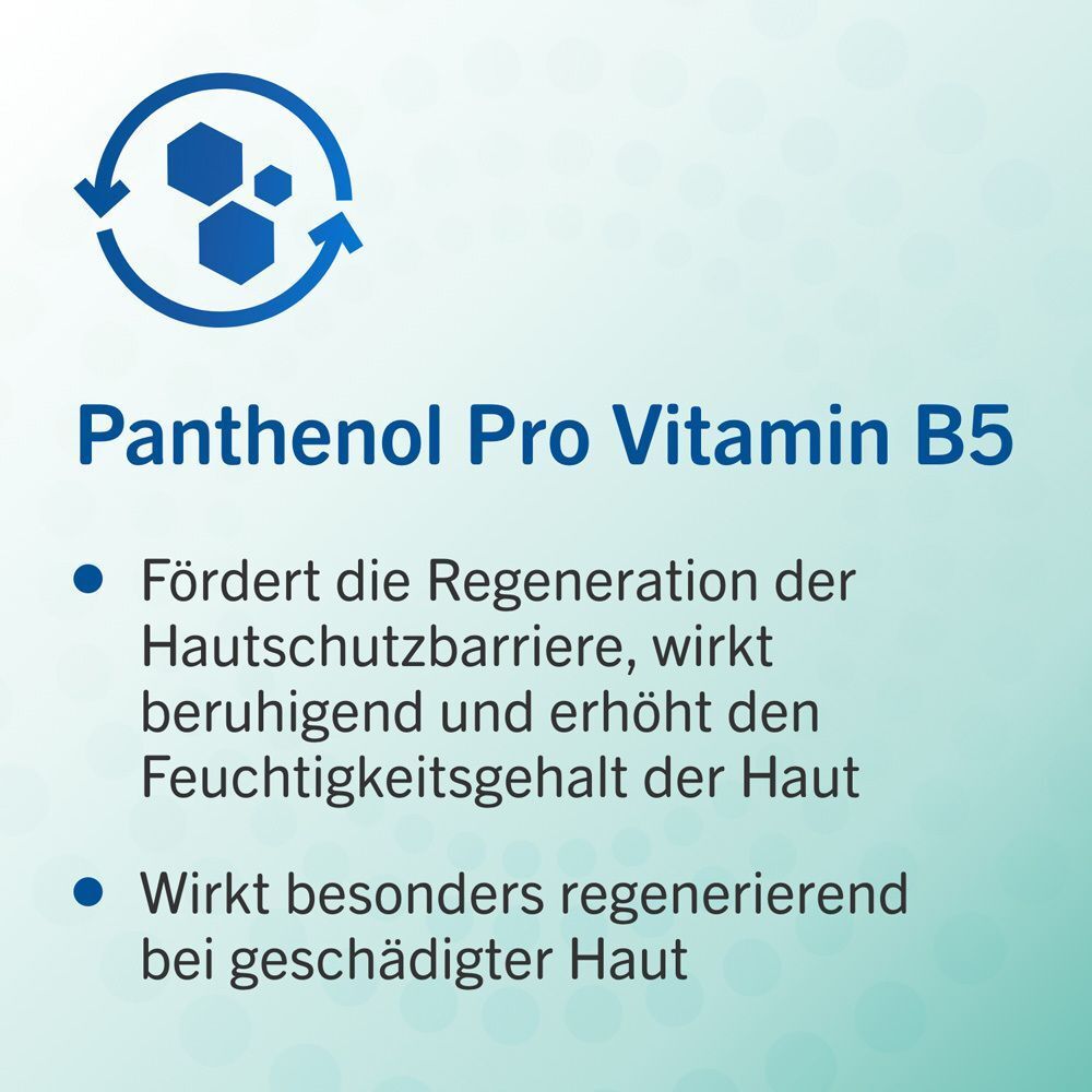 Grafik mit Panthenol Pro Vitamin B5. Text: Fördert die Regeneration der Hautschutzbarriere. Wirkt regenerierend bei geschädigter Haut.