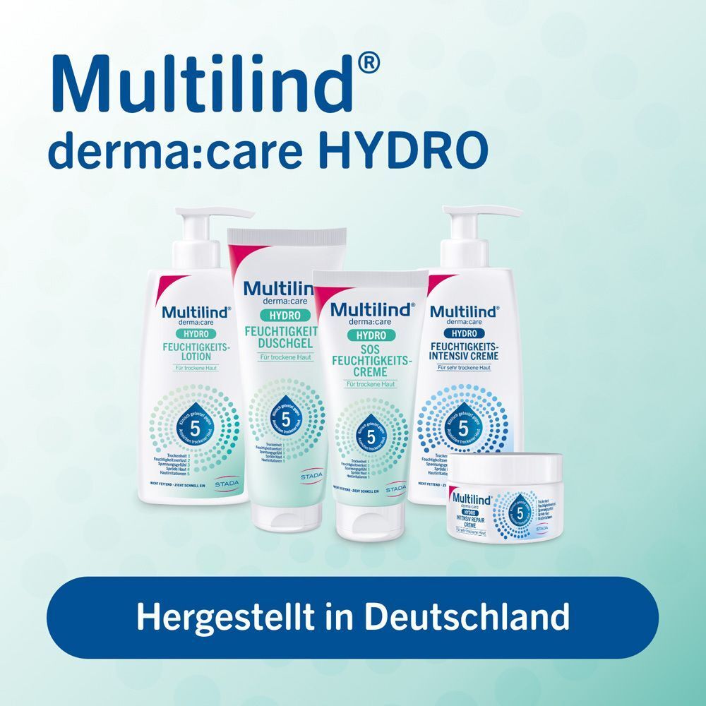 Verschiedene Multilind Produkte. Text: Hergestellt in Deutschland. Produkte: Lotion, Duschgel, Creme, Intensiv Creme und eine kleine Creme.