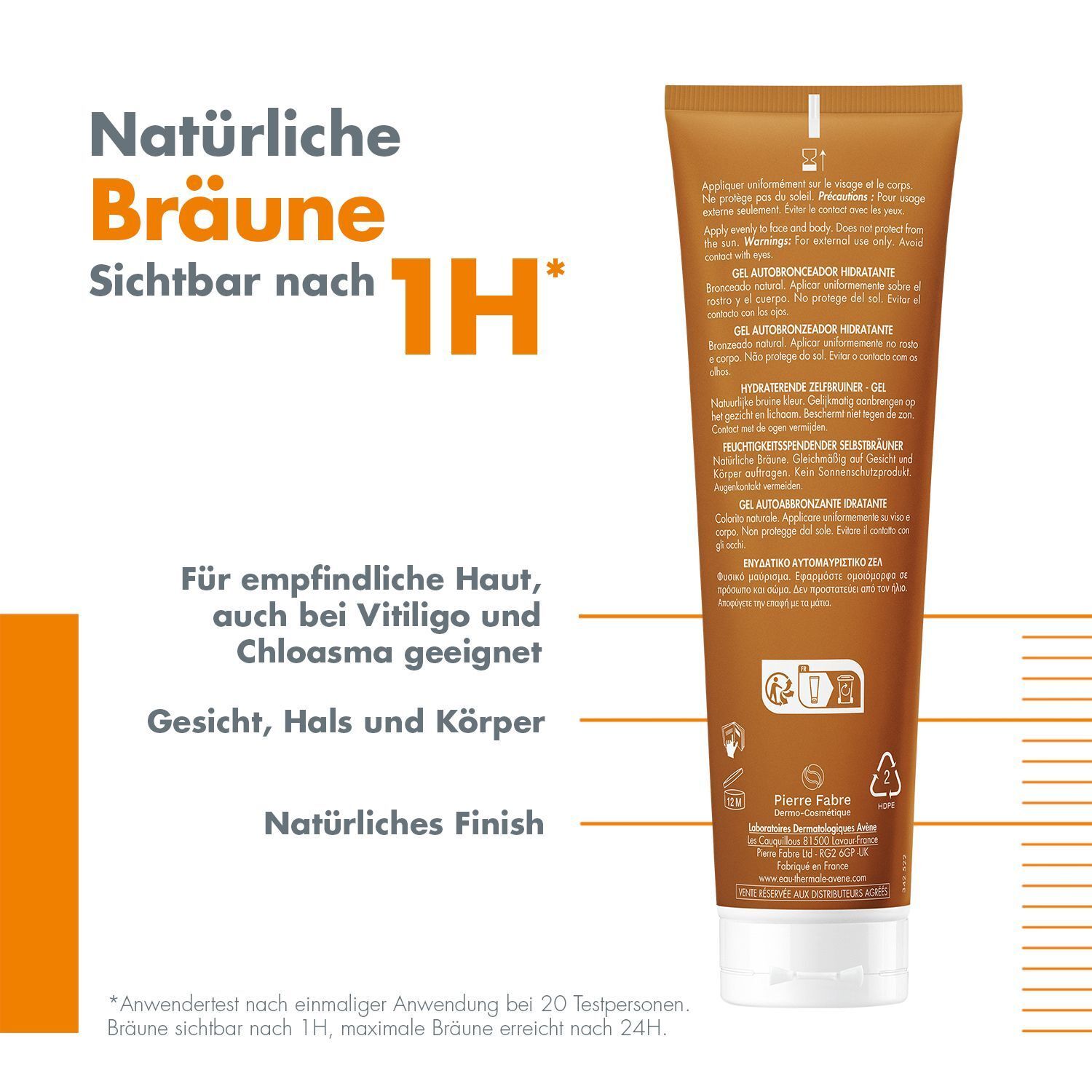 Rückseite einer Tube AVENE Selbstbräuner. Braune Tube mit Text. Text: Natürliche Bräune, sichtbar nach 1 Stunde. Für empfindliche Haut.