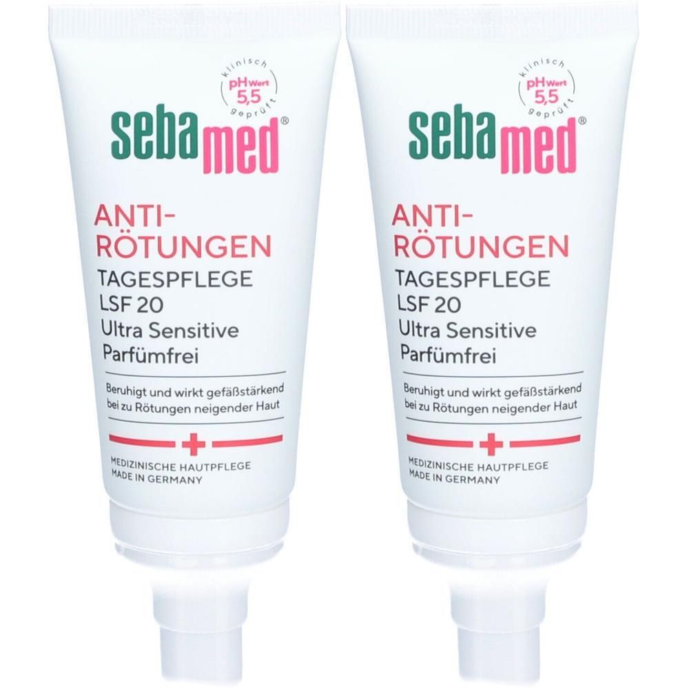 Zwei Tuben Sebamed Anti-Rötungen Tagespflege Creme. Weiße Tuben mit roter und grüner Schrift. Text: Anti-Rötungen, LSF 20, Ultra Sensitive.