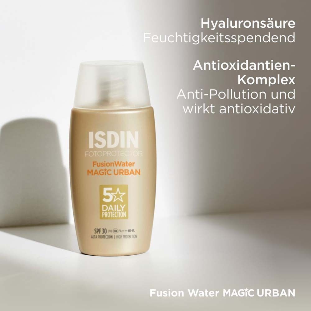 ISDIN Fotoprotector Fusion Water Urban Flasche. Text: Hyaluronsäure, Antioxidantien-Komplex. Anti-Pollution und wirkt antioxidativ.